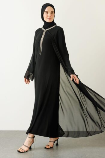 Ahsen Yaka Taş Detaylı Dışı Şifon Elbise-8163