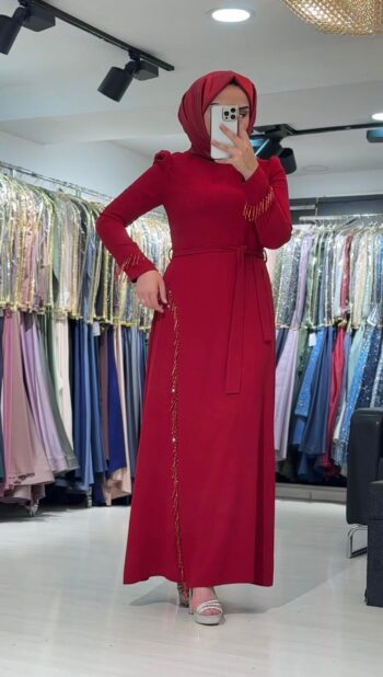 Çınar Özkan Kolu ve Önü Taş Detaylı  Elbise-2821