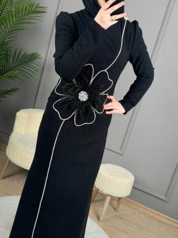 Çınar Özkan Önü Çiçek Detaylı Abiye Elbise-5041