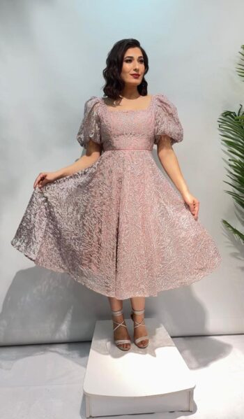 Dans Kol Kısmı Balon Kol Simli Abiye Elbise -1491