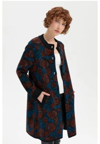 Desen Triko Kadın Dik Yaka Gül Desenli Uzun Yün Kaban-24048
