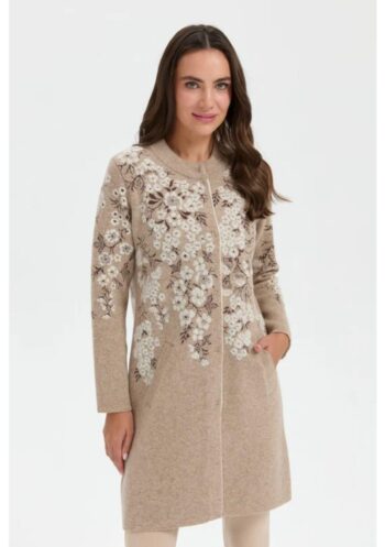 Desen Triko Kadın Dik Yaka Pıtırcık Çiçekli Uzun Yün Kaban-24018
