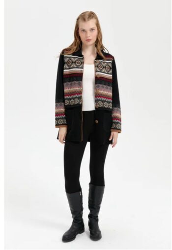 Desen Triko Kadın Polo Yaka Eteği Keçeli Araboy Yün Kaban-24078