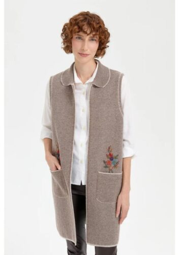 Desen Triko Kadın Polo Yaka Önü Açık İşlemeli Uzun Yün Yelek-24002