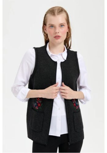 Desen Triko Kadın Sıfır Yaka Cep Üstü İşlemeli Kısa Yün Yelek-24000