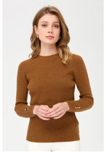 Desen Triko Kadın Sıfır Yaka Kol Ucu Düğmeli Yün Kazak-23158