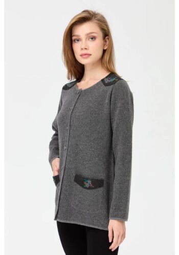 Desen Triko Omzu ve Cebi Çiçek Desenli Yün Hırka-23008