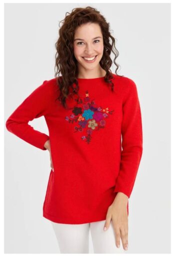 Desen Triko Yaka Çiçek Detaylı Yün Kazak-23156