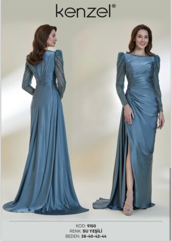 Kenzel Kolları Taş Detaylı Abiye Elbise-9211