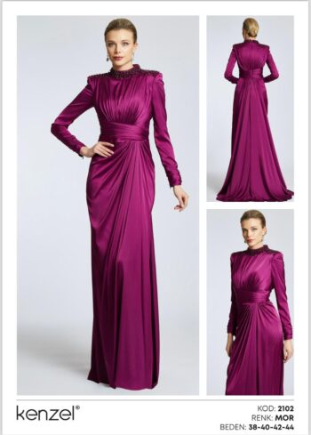 Kenzel Omzu Taş Detaylı Abiye Elbise-2102