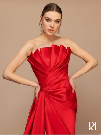 Kenzel Yaka Drape Detaylı Tafta Abiye Elbise-7084