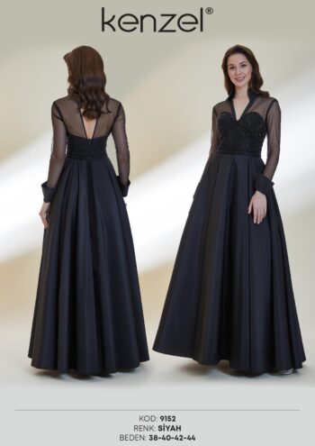 Kenzel Yaka ve Kol Detaylı Abiye Elbise-9152