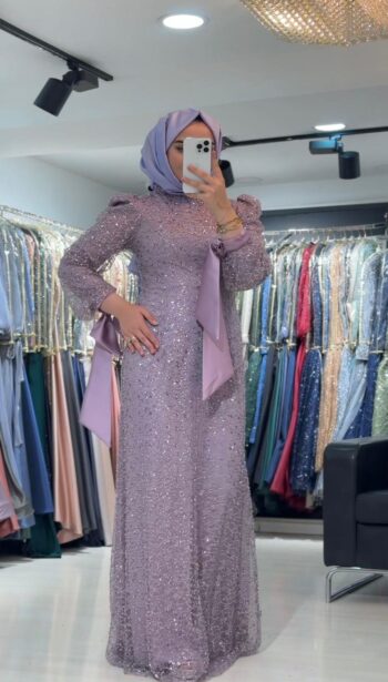 New Elegans Kolları Kurdele Detaylı Abiye Elbise-2383