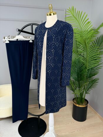 Çözgü Ceketi Tamamı Taş Detaylı Pantolonlu Takım-300