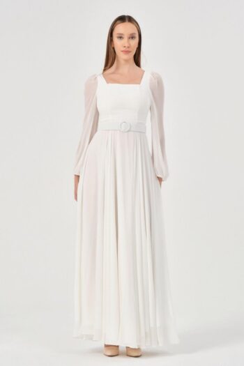 Dans Kare Yaka Şifon Abiye Elbise-1555