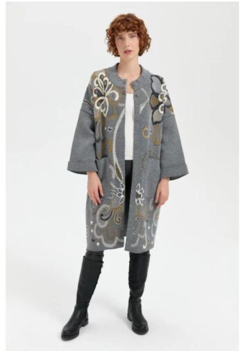 Desen Triko Kadın Dik Yaka Büyük Çiçekli Panço-24063