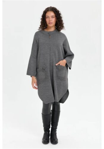 Desen Triko Kadın Dik Yaka Cebi Gül İşlemeli Fermuarlı Panço-24060