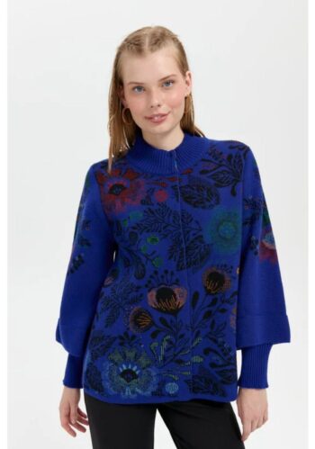 Desen Triko Kadın Dik Yaka Önü Renkli Çiçekli Kısa Yün Ceket-24050