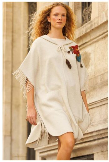 Desen Triko Kadın Kapüşonlu Omuzu Çiçek İşlemeli Panço-24064