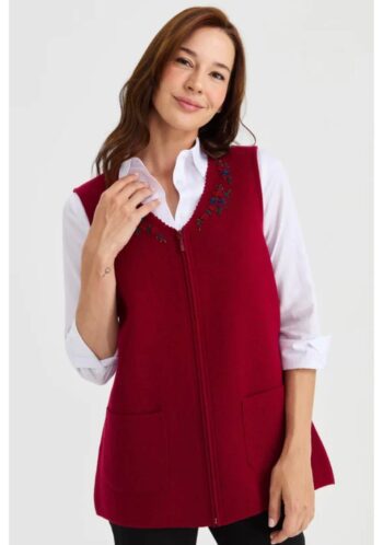 Desen Triko Kadın V Yaka Kenarı Dantel İşlemeli Yün Yelek-23001