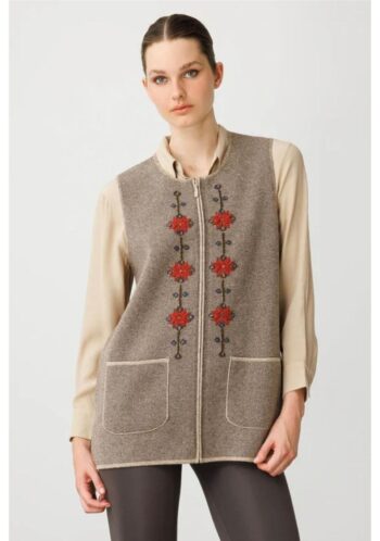 Desen Triko Önü Kilim Nakış İşlemeli Yün Yelek-25001