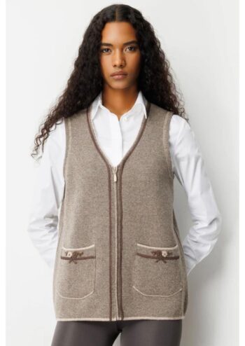 Desen Triko V Yaka Nakış İşlemeli Yün Yelek-25030