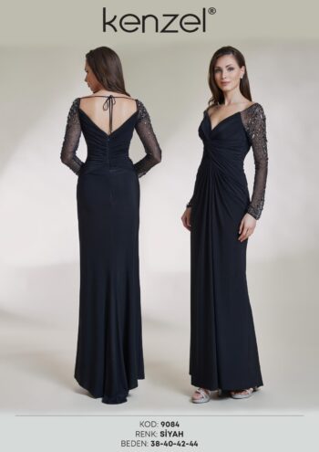 Kenzel Kolları Taş Detaylı Abiye Elbise-9084
