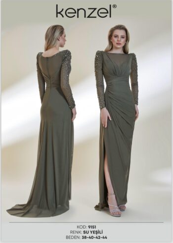 Kenzel Kolları Taş Detaylı Abiye Elbise-9151