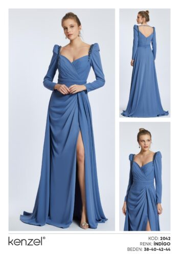 Kenzel Omuz Taş Detaylı Abiye Elbise-2042