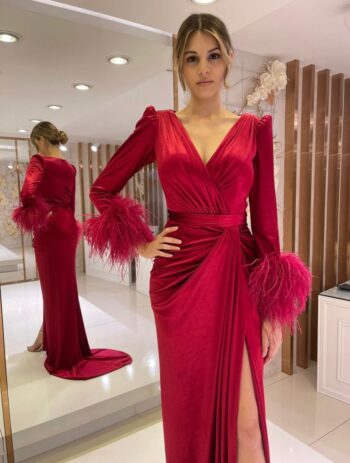 Kenzel Otriş Detaylı Kadife Abiye Elbise-2311