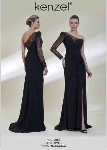 Kenzel Tek Omuz Taş Detaylı Abiye Elbise-9008