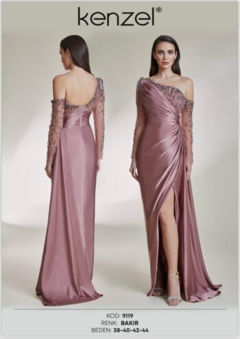 Kenzel Tek Omuz Taş Detaylı Abiye Elbise-9119