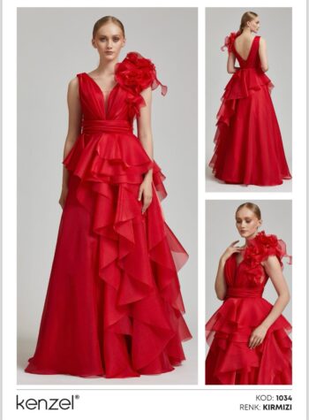 Kenzel Yaka Fırfır Detaylı Abiye Elbise-1034