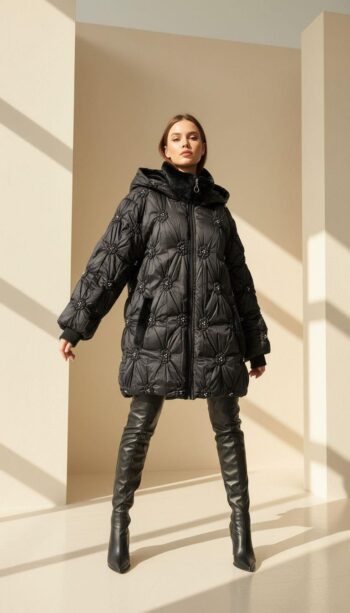 My312 İnci Detaylı Kapüşonlu Şişme Kaban-7956