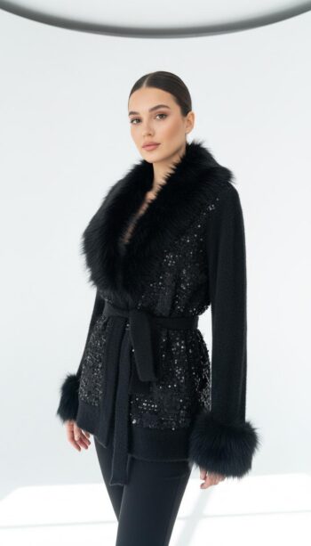 My312 Yaka ve Kol Kürk Detaylı Triko Hırka-7945