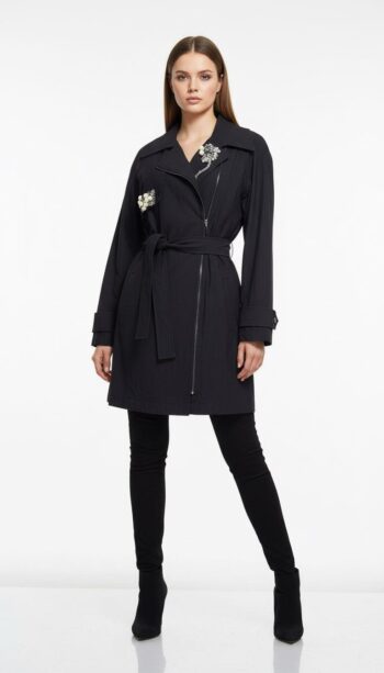 My312 Yakası Taşlı Fermuarlı Trençkot-7951