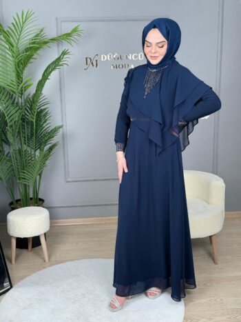 Ahsen Yaka Taş Detaylı Abiye Elbise-8903