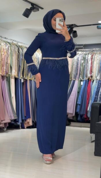 Çınar Özkan Kol ve Beli Taş ve Otriş Detaylı Elbise-2816