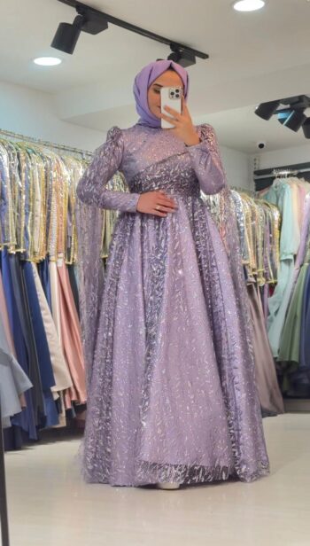 Feriha Sarıoğlu Tamaamı Simli Kumaş Abiye Elbise-ÖZNUR