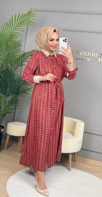 Ghisa Etnik Desen Yaka Taş Detaylı Elbise-4925