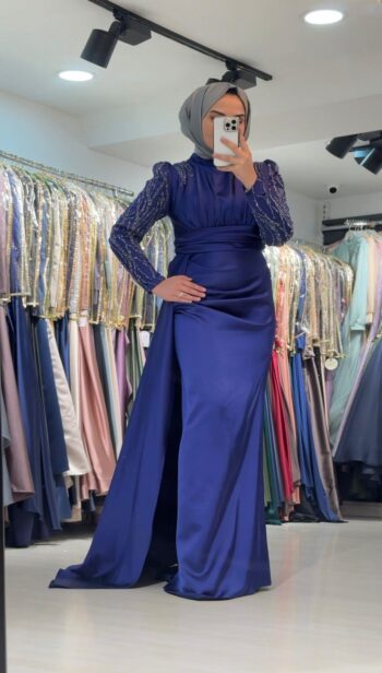 Hennin Kolları Taş Detaylı Abiye Elbise-4667