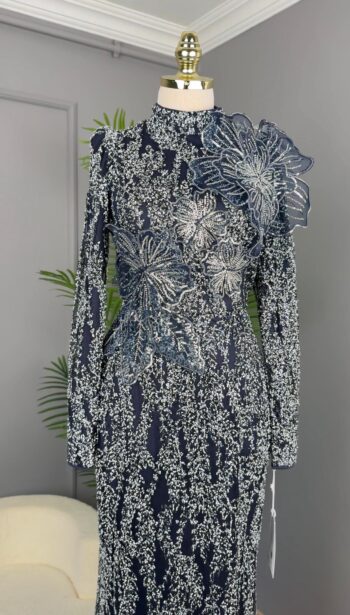 Hennin Önü Çiçek Detaylı Abiye Elbise-5018