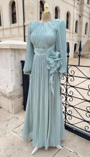 Kenzel Beli Çiçek Detaylı Abiye Elbise-25208