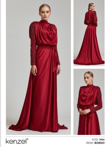 Kenzel Kolları Taş Detaylı Abiye Elbise-1104