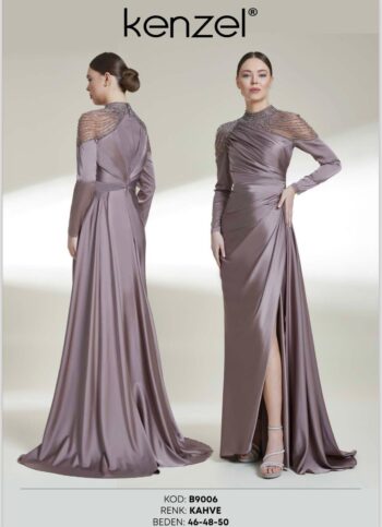 Kenzel Omzu Taş Detaylı Abiye Elbise-9006