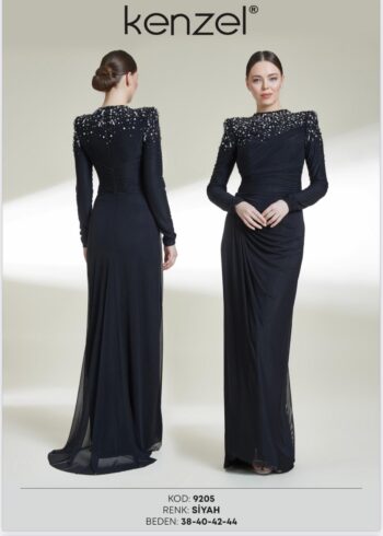 Kenzel Omzu Taş Detaylı Abiye Elbise-9205