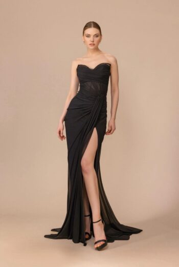 Kenzel Yaka Taş Detaylı Straplez Abiye Elbise-7059