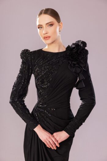 Kenzel Yaka Taş ve Omuz Detaylı Abiye Elbise-7211