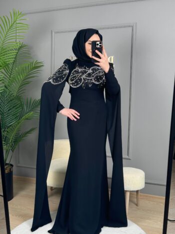 New Elegans Pelerin Kol Abiye Elbise-2438