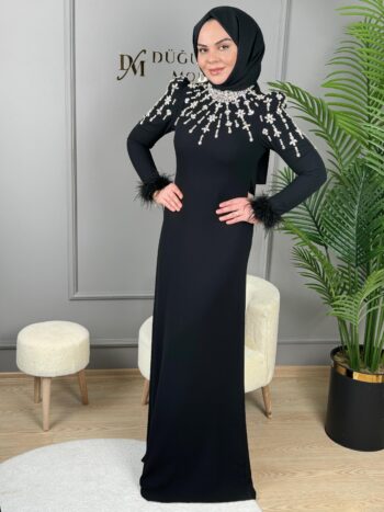 New Elegans Yaka Taş Detaylı Abiye Elbise-2428